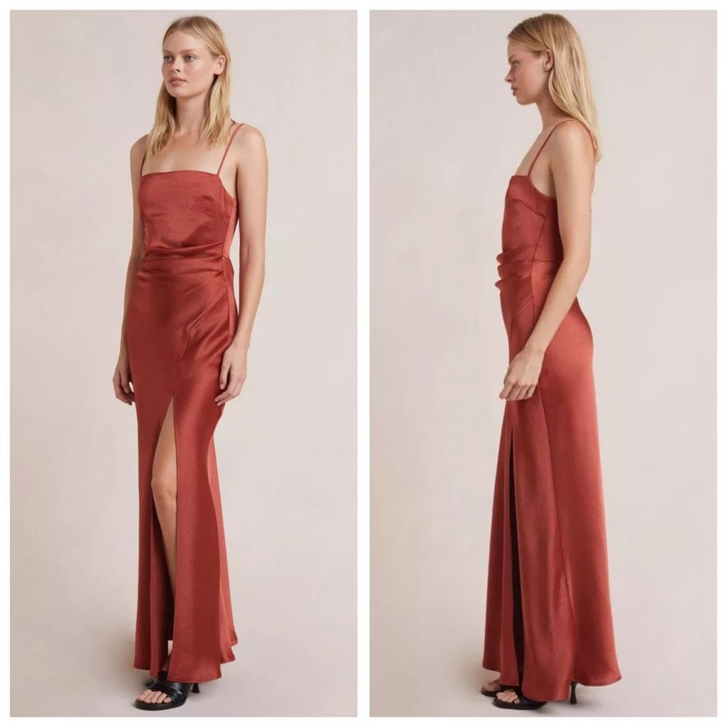 Bec & Bridge Rust Red Satin Maxi Dress With Side Slit